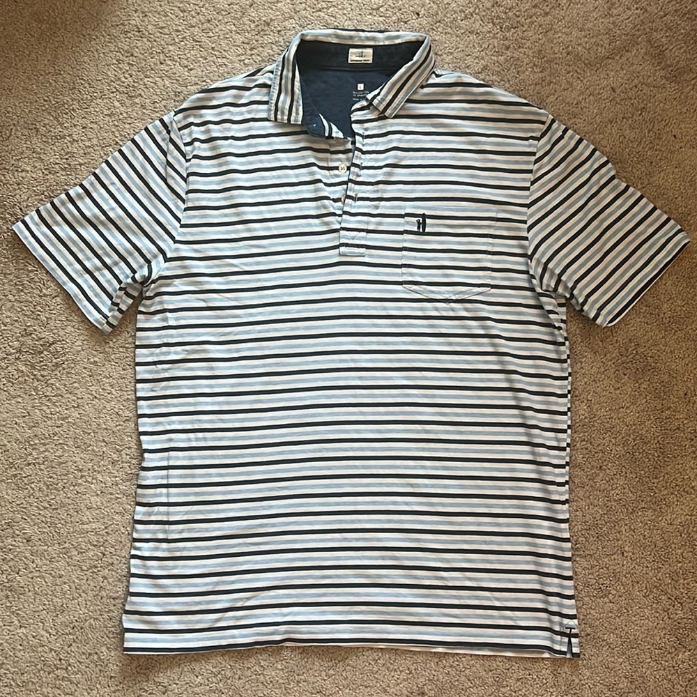 Johnnie- O hangin out light blue‎ navy stripe cotton golf polo shirt Size L